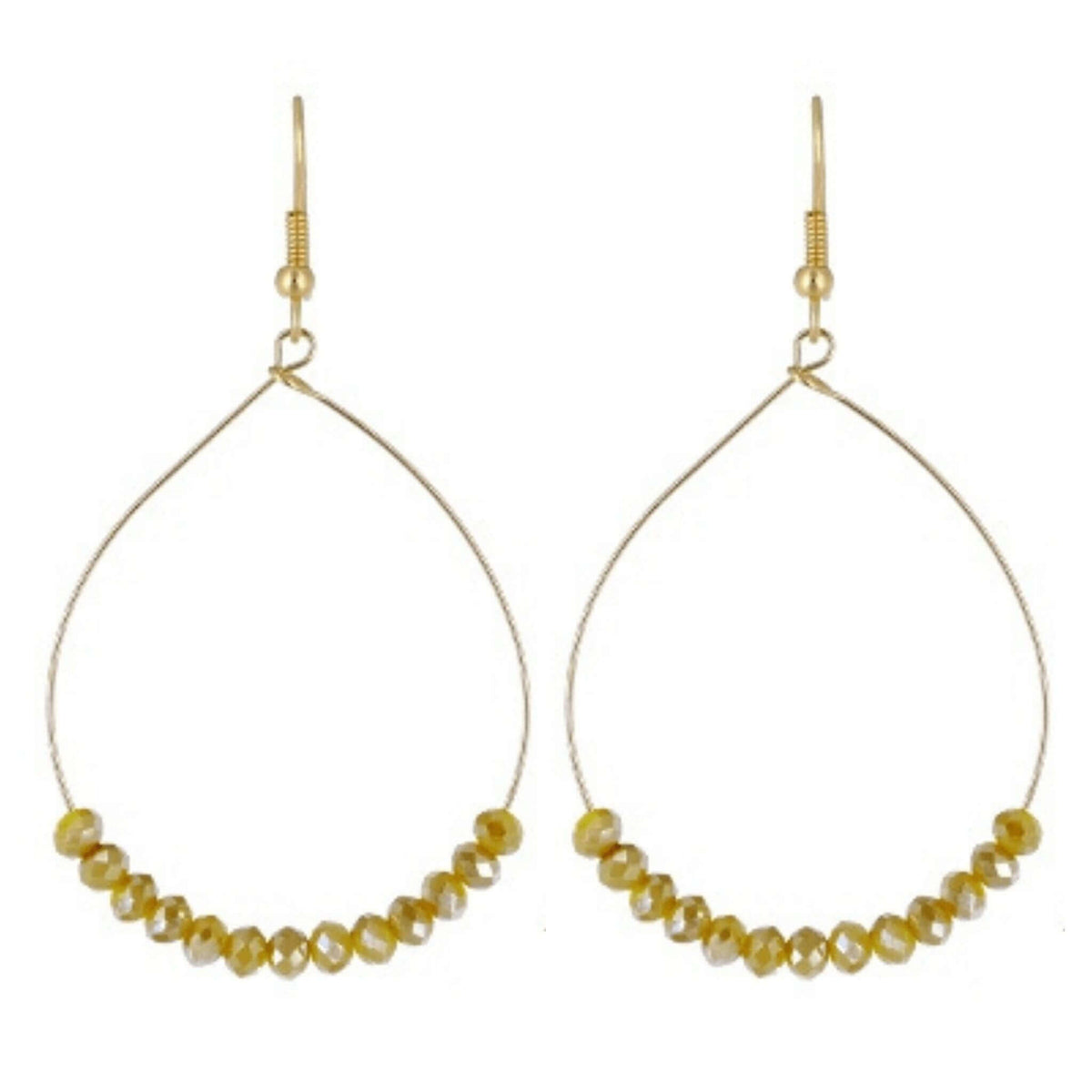 Yellow Glass Beaded Dangly Gold Hoop Earrings - Costume Fashion Jewelry