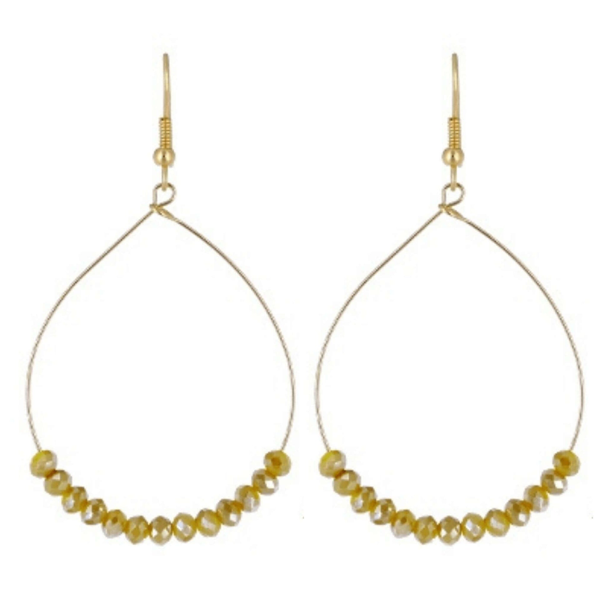 Yellow Glass Beaded Dangly Gold Hoop Earrings - Costume Fashion Jewelry
