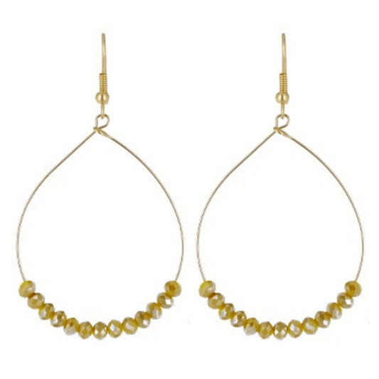Yellow Glass Beaded Dangly Gold Hoop Earrings - Costume Fashion Jewelry